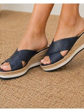 Lauren Ralph Lauren Women's Reno Wedge Sandal Navy Sz 7 Leather Jute Espadrille